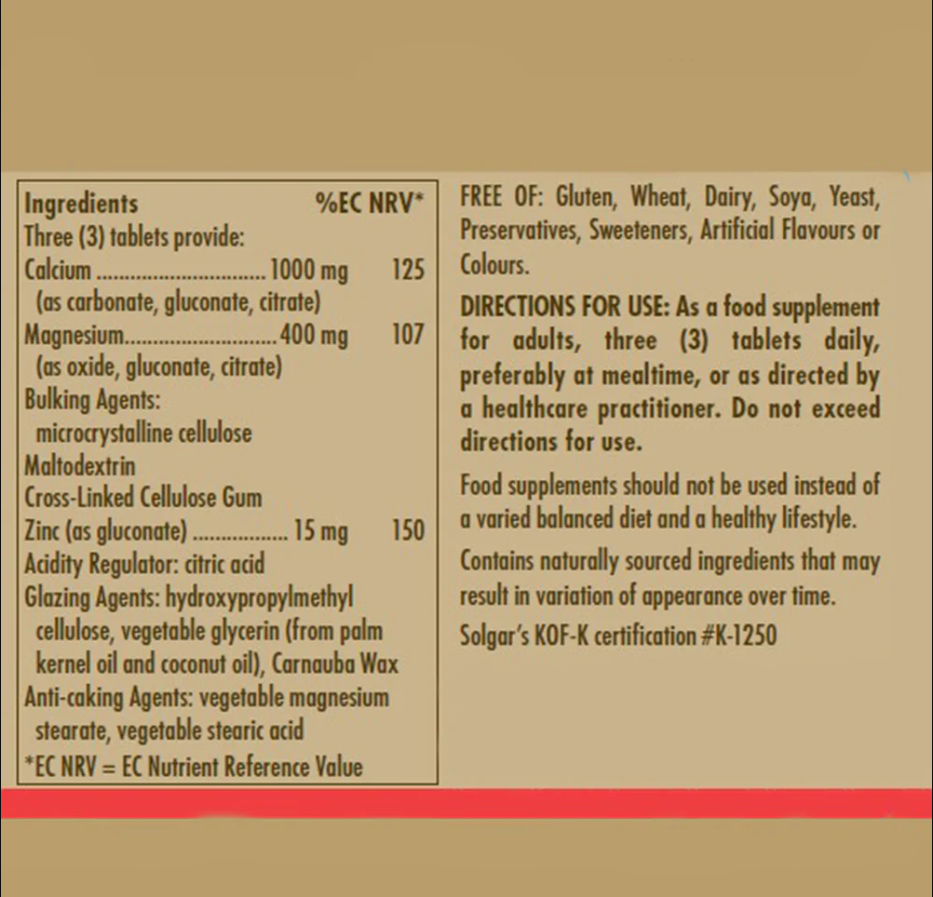 Solgar Calcium Magnesium plus Zinc 100 Tablets