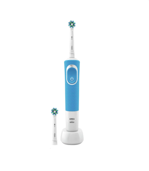 Oral-B Vitality Plus Electric Toothbrush, 1 Handle, 2 Cross Action Toothbrush Heads, 1 Mode with 2D Cleaning, 2 Pin UK Plug, Blue & White