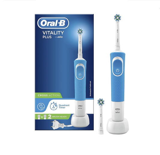 Oral-B Vitality Plus Electric Toothbrush, 1 Handle, 2 Cross Action Toothbrush Heads, 1 Mode with 2D Cleaning, 2 Pin UK Plug, Blue & White